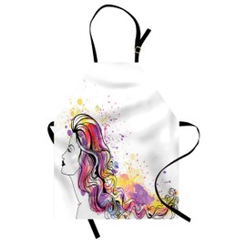 Ambesonne Hair Salon Apron, Line Art Work Drawn Hair Model on Soft Rainbow Color Ink Splatter Background, Small Apron Bib with Adjustable Ties for Baking Painting, Small Size, Multicolor