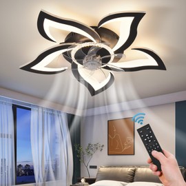 ZHMDJDSH 26" Geometric Ceiling Fan with Lights Remote Control, 6 Speeds 3 Colors, Black Low Profile Flush Mount Ceiling Fan for Kitchen Bedroom Living Room