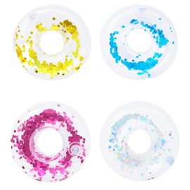 Pack of 4 Inflatable Drink Holders, Floating Drink Holder Pool, Transparent with Sequins for Pool Party, Beach Party and Tropical Festivals, Gold, Silver, Pink, Blue