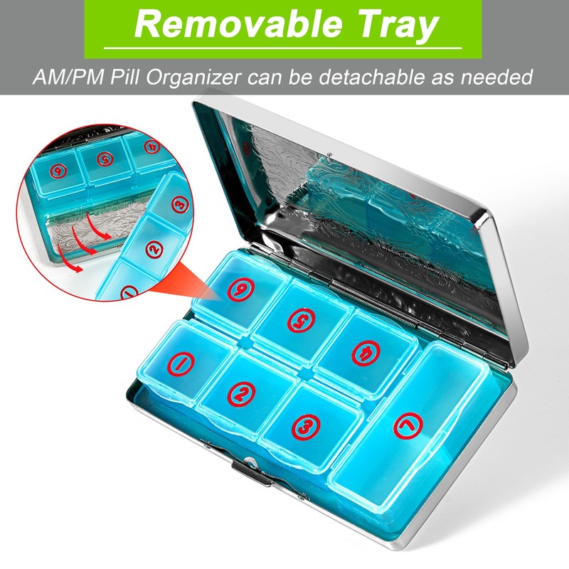 EYIDADAE Pill Organizer with 3 Compartments 7 Day Metal Pill
