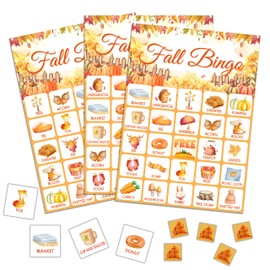 QUDNCR Fall Bingo Game, Autumn Party Bingo Cards for Adults, Fall Harvest Party Decorations Supplies, Autumn Themed Birthday Favors for 24 Players, 08