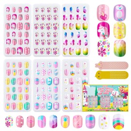 144 Pcs Kids Stick On Nails Pre glue Full Cover Children Girls False Nails Short Kids Press on Acrylic Nails Kit Gift for Girls Kids Nail Art Decoration (Lovely Unicorn)