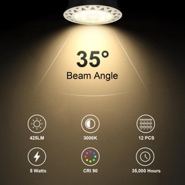 MR16 LED Light Bulbs, 5W (35-Watt Equivalent) 3000K Warm White 425LM GU5.3 Bi-Pin Base, 12V Low Voltage MR16 Bulb for Indoor/Outdoor Landscape Spotlight Path Stair Driveway Recessed Lighting 12-Pack