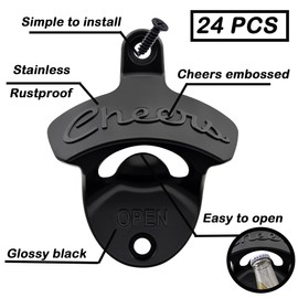 Luwanburg 24 PCS Black Bottle Cap Opener Wall Mount Beer Openers Bulk, Rustproof Cheers Soda Opener Mountable for Bar DIY Cooler