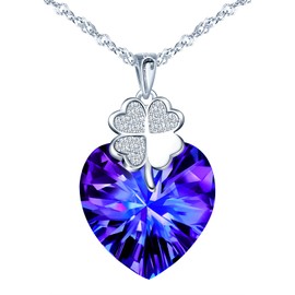 INFINIONLY Women's girl's Heart Crystal Necklace Pendant, Elegant 925 sterling silver necklace, Heart of the Ocean colored crystal pendant, with mini four-leaf clover, 45cm chain, zircon, purple