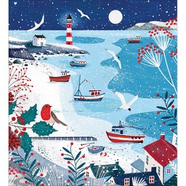 Woodmansterne Artistic Charity Christmas Cards - Winter Harbour & Beach Scene - Eco-Friendly & Recyclable - Pack of 5 Cards