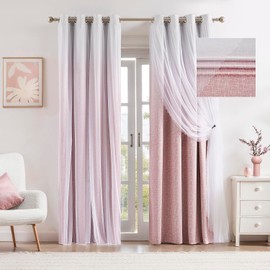 Amzdecor Double Layer Full Blackout Window Curtains Pink White Ombre Panels with Sheer Overlay Mix Match,Energy Efficient Grommet Top Window Treatment for Living Room Girls Bedroom, 2 Panels, 52"x84"