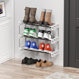 DEYILIAN 3 Tier Wall Mounted Shoe Rack, Over The Door Small Shoe Rack Longer Narrow Shoe Storage Holds 8 Pairs of Shoes Space Saving Strips Organizer for RV Organization and Storage White