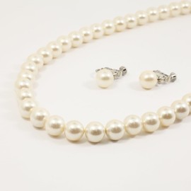 [You and My Jewelry Box] Made in Japan Premium Genuine Shell Pearl 0.3 inch (9 mm) Formal Set, White (Necklace and Earrings Set) [Gift Wrapped] White