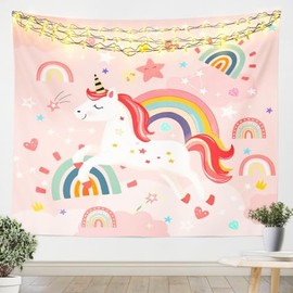 Loussiesd Unicorn Tapestry 130 x 150 cm Cute Rainbow Unicorn Tapestry for Girls Children Tapestry Cartoon Pink Star Dreamlike Wall Art Room Decoration