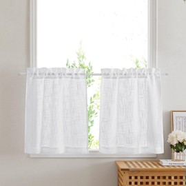 PONY DANCE Kitchen Window Curtain, Short Panel Curtains, White Curtain, Semi-Transparent Bistro Curtain, Set of 2, W 60 x H 90 cm, Caravan Curtains, Linen Look, Short Curtain, Window Curtain