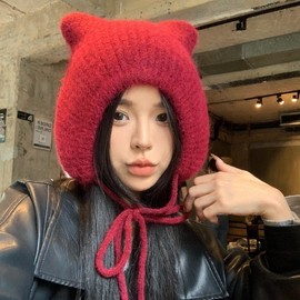 Women's Autumn/Winter Cute Baby Bear Paw Balaclava Hat lf1386 Free Size/M (56-58cm) Red 4ea