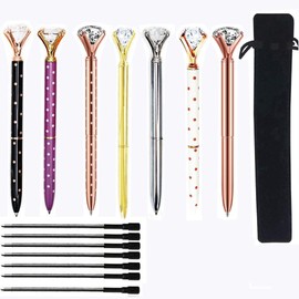 7pcs Diamond Kugelschreiber mit BONUS 7pcs Kugelschreiberminen und schwarzen Samtbeutel， Großer Kristalldiamantstift， Schöner Bling Metall Kugelschreiber für Frauen, Kollegen, Kinder, Mädchen.