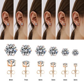 UHIBROS Cubic Zirconia Earrings Studs for Women, 6 Pairs Hypoallergenic 316L Stainless Steel Stud Earrings Set 14K Gold Plated Multipack CZ Rose Gold Earrings for Mens 3-8mm