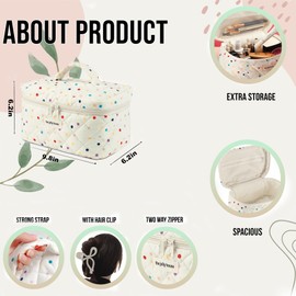 Mi and Me Large Travel Makeup Bag for Women, Quilted Cotton Cosmetic Bag, Coquette Aesthetic Toiletry Organizer Bag, Travel Organizer Bag for Women Girls, Cotton Makeup Bag with Zipper Large Travel