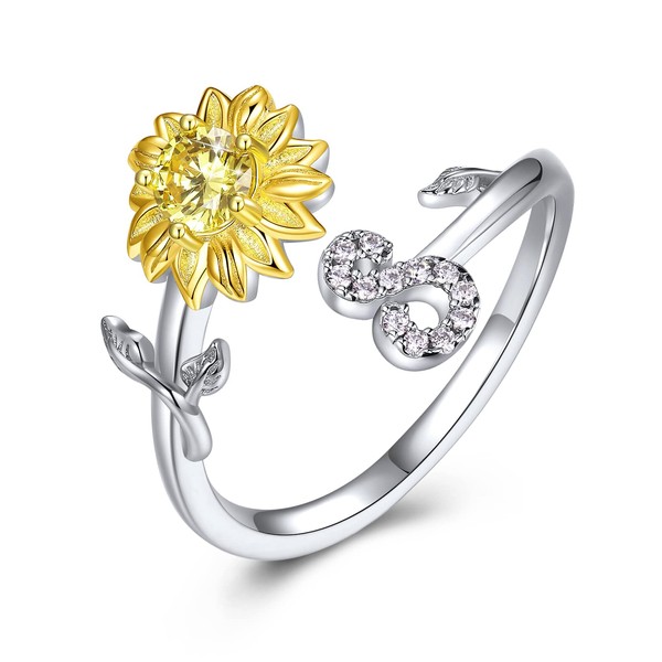 PEARLOVE Sterling Silver initial Ring Sunshine Sunflower CZ Stackable A-Z