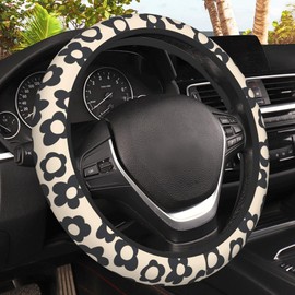 Vintage Groovy Flowers Steering Wheel Cover, Elastic Non-Slip Steering Wheel Protector,Auto Interior Decor for Women Girls,Universal 15" Fit for Sedans,Trucks