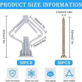 Pack of 100 Expansion Dowels, Cavity Dowels, Fischer Self-Drilling Plasterboard Dowels, Screws and Butterfly Cavity Dowels, Drywall Dowels, for Easy Installation in Plasterboard and Plasterboard