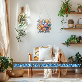 MEIYUDA Easter Diamond Painting Hanging Kit, 5D Colorful Eggs Diamond Art Ornament, Easter Eggs Special Shape Rhinestone Acrylic Pendant for Home Garden Wall Decor and Presents 18x19cm