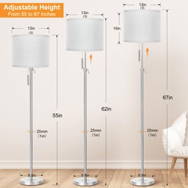 Brushed Nickel Floor Lamp for Living Room, Adjustable Height Standing Lamp with Metal Base, Tall Pole Light with Grey Shade for Bedroom, 8W 4000K 3-Way LED Bulb Included (Brushed Nickel, Grey Shade)