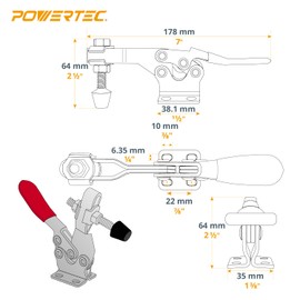 POWERTEC 4PK Toggle Clamp, 500 lbs Holding Capacity, 225D Quick Release Horizontal Clamps w/Antislip Rubber Pressure Tip for Woodworking Jigs and Fixtures,Welding, Drill Press, Crosscut Sled(20325-P2)