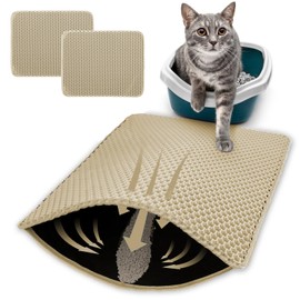 HCY&WLD 2-Pack Cat Litter Mat, Double Layer Honeycomb Waterproof Urine Proof Non-slip Litter Trapping Mat, Less Waste, Easy to Clean Cat Litter Box Mat, Kitty Indoor Supplies (Khaki, 24x18 Inches)