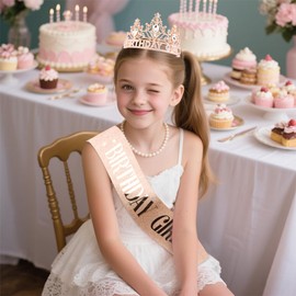 AHONEY Birthday Girl Crown and Sash for Girls Women Rose Gold Tiara Rhinestone Headband Princess Crown Happy Birthday Accessories