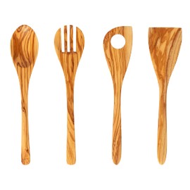 Demy Craft Olive Tree 30 cm 4-Piece Wooden Kitchen Set, Wooden Spoon, Fork, Spatula - Handmade