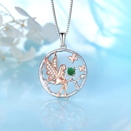 FJ Guardian Angel Pendant Necklace in 925 Sterling Silver, Tree of Life Chain, Butterfly Fairy Necklace with Birthstone, Cubic Zirconia, Jewellery Gifts for Women, Girls