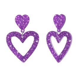 Glitter Heart Earrings Acrylic Double Heart Dangle Earrings for Women Valentines Day Jewelry Gift for Girlfriend Wife (Purple)
