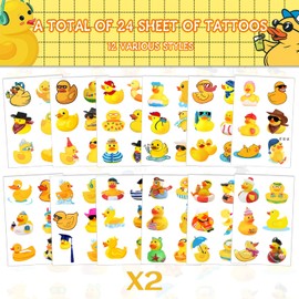 24 Blatt (144 Stück) Gummiente Temporäre Tattoos Gummiente Geburtstag Party Favors Dekorationen Supplies Niedliche Ente Tattoos Aufkleber für Kinder Mädchen Jungen Geschenke Klassenzimmer Schule