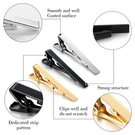Tie Clips for Men Classic Tie Clip Men's Gjinxi 3 Pack Silver Gold Black Necktie 5.5 ×0.6cm Tie Bar Pinch Clips Tie Pin-Clip Skinny Tie for Father Wedding Anniversary Business Daily Life(Alloy)