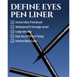 HEVVYMAKEUP Define Eyes Pen Liner Long Black - Precision Waterproof Matte Black Eyeliner with Ultra-Fine Fiber Brush - Long Lasting Smudge Resistant - Korean Eye Makeup, 12g