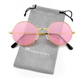NACHLYNN Round Hippie Sunglasses Metal Border Circle Glasses UV380 Protection 70s Sunglasses for Men Women Party Favor (Pink)