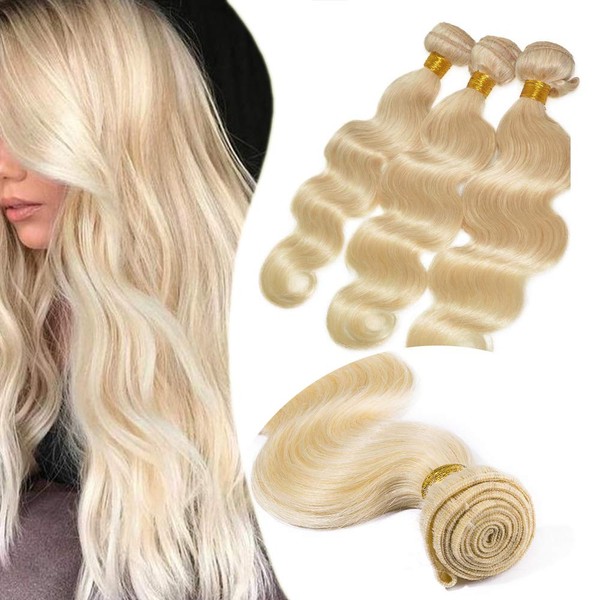 Elailite Hair Pieces Real Hair Virgin Curly Extensions 60 cm 100 g Remy Brazilian Hair Extensions 1 Bundle Wavy Body Wave Human Hair Piece 24 Inches #613 Bleached Blonde
