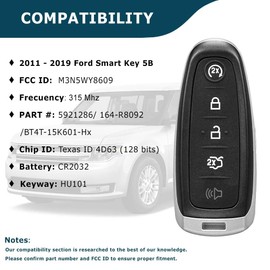 AKS KEYS Replacement for Ford Smart Key 5 Buttons That Use FCC M3N5WY8609 and Part Number 164-R8092 / BT4T-15K601-Hx Compatible with 2011 - 2019 Selected Models (1)