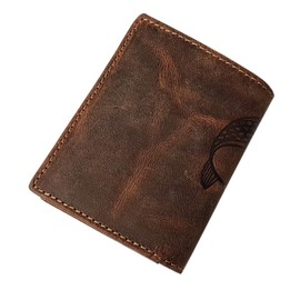 myledershop Small Genuine Buffalo Full Leather Wallet / Purse / Wallet in Portrait Format with Fish Motif or without Motif with RFID & NFC Protection, With fish motif / brown, Modern