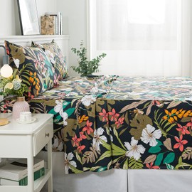 FADFAY Twin Sheets Floral Bed Sheet Set Black and Red Bedding Set, Soft 100% Cotton Flower Printed Leaves Pattern Tropical Countryside Luxurious Deep Pocket Fitted Sheet 17.5 inches 4 Piece, Twin