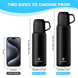 Thermal Flask with Cup 648ml/22oz Flask for Hot Drink, Vacuum Insulated Flask, Thermal Cold Water Bottle Thermo Coffee Flasks(Black,Single)
