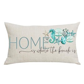 WENIANRU Black Blue Word Art Home is Where The Beach is Summer Home Sofa Chair Bed Decoration Lumbar Pillowcase Cotton Linen Decorative Throw Pillow Cover Case Rectangular 12 x 20 Inches