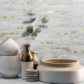 AULIGET 20 Sheets White Marble Look Mixed Metal Gold Peel and Stick Backsplash, Faux Stone PVC Wall Tiles Stick on Backsplash for Kitchen