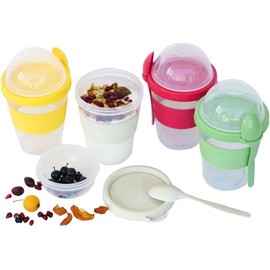 LEVKO Go Cereal Crunch Breakfast Yogurt Cups with Lids and Spoon Reusable Smoothie Oatmeal Container Snack Prep Bowl (SET OF 4 RED YELLOW GREEN WHITE)