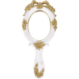 Nerien Handheld Mirror Vanity Makeup Mirror Travel Princess Metal Cosmetic Mirror Portable Oval Embossed Rose Mirrors Decorative Desk Girl Student Vintage Beautiful Handle Mirrors White-4