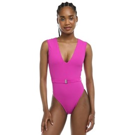 Body Glove Women's Ezry V-Neck Plus Size One Piece Swimsuit with Belted Detail, Fuchsia Ibiza Rib