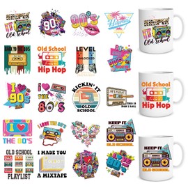 Shejdgart UV DTF Cup Wraps - 20 Sheets Back to The 80s 90s UV DTF Cup Wraps for 16 OZ Glass Mugs, Retro Colorful Radio UVDTF Stickers, Vintage Rub on Transfer Decals for Water Bottles Tumblers