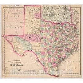 Historic Pictoric Map : Texas 1876, Colton's map of The State of Texas, Antique Vintage Reproduction : 44in x 40in