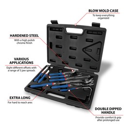 Performance Tool W86568 8-Piece Trim Clip Lifting Tool Set, Eight Different Offsets, Three Different Jaw Spreads, Comfort Handles, 3 Extra Long Trim Tools, 5 Standard, Full Steel, Forked Tip