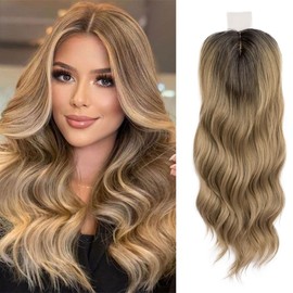 Lace Front Hair Body Wavy Topper Big Base Cover Thinning/White Hair Clip in Toppers Fiber Wiglets with Fringe (Ombre Brown)