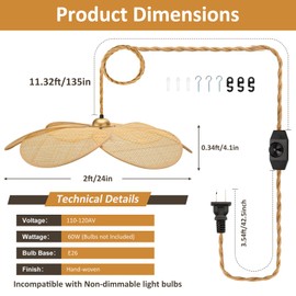 Bamboo Plug in Pendant Light, 24 Inch Flower Handwoven Rattan Lampshade Stepless Dimmable Boho Chandelier, 11.3 ft Plug in Hanging Lamp for Hallway Kitchen Island Dining Room Bedroom(Not Bulb)