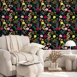 CHIHUT Vintage Wallpaper Peel and Stick Floral Wallpaper 17.7”x236” Dark Floral Contact Paper for Walls Botanical Renter Friendly Wall Paper Self Adhesive Removable Stick on Wallpaper for Nursery